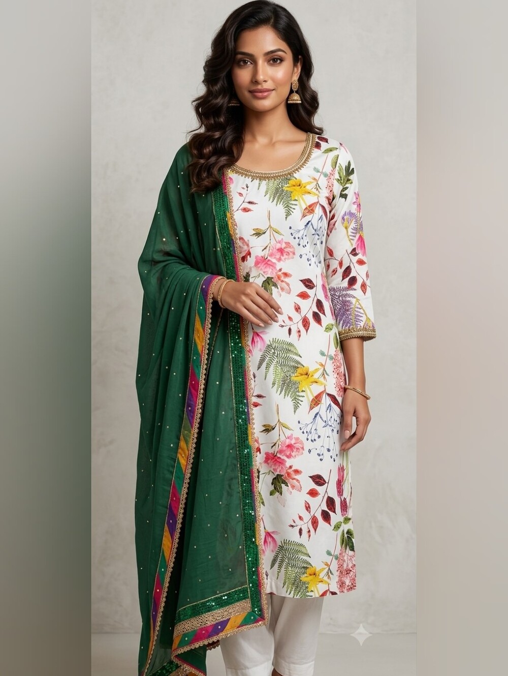 Floral White Kameez with Emerald Green Dupatta